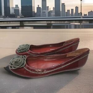 Marc by Marc Jacobs Patent Leather Flats Maroon Zipper Rosettes Moto Shoes 37 7